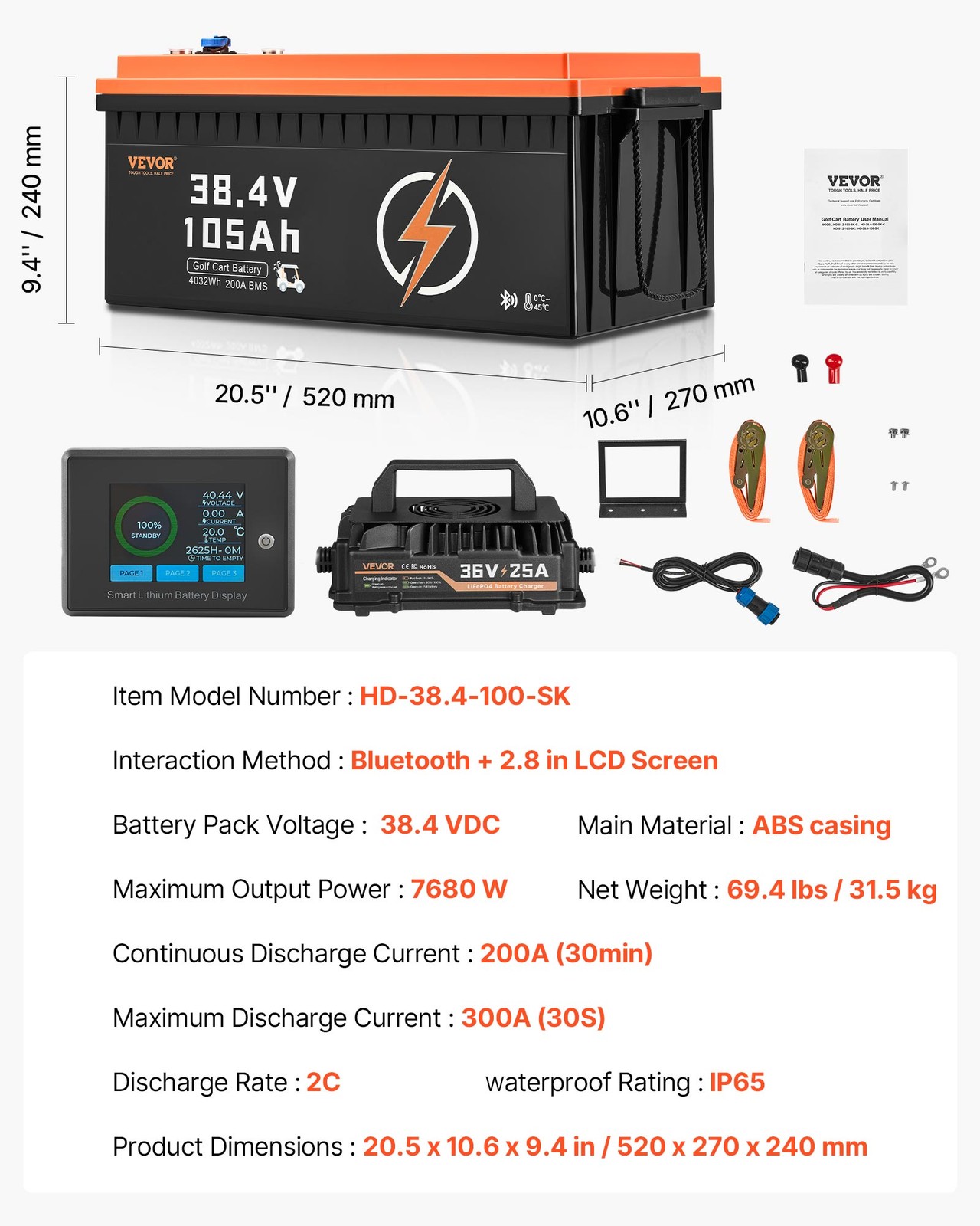VEVOR 36V 105Ah Golf Cart Lithium Battery 20A Charger LCD Monitor & 4000+ Cycle