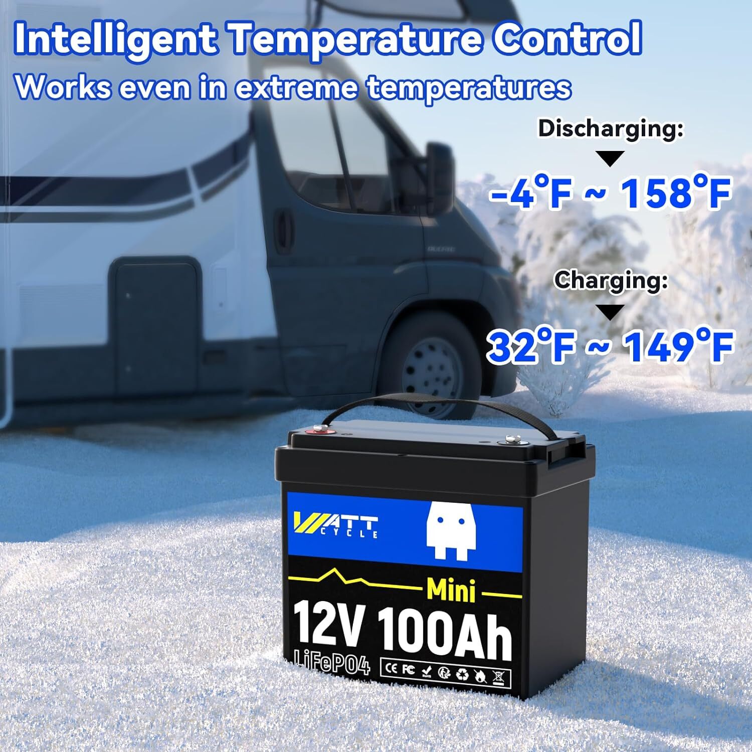 WattCycle 12V 14.8V 100Ah Lithium Iron Phosphate Mini Battery RV Camping Solar