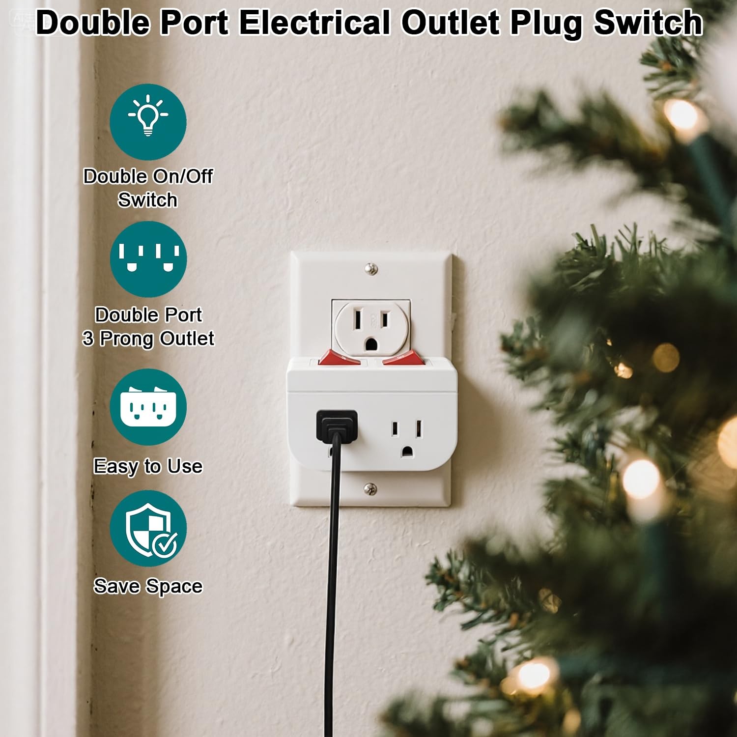 Grounded Outlet Wall Tap Adapter With Red Indicator On/Off Switch 3 PK Double