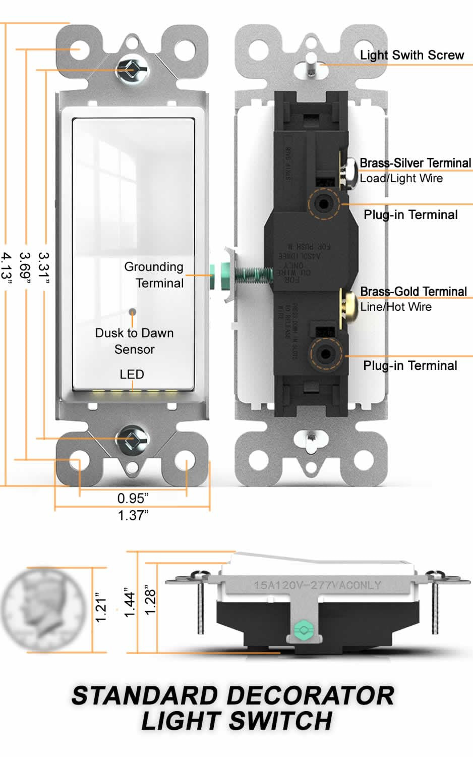 2Pack Illuminated Light Switch-Single Pole Wall Switch with Night Light, 15A 12