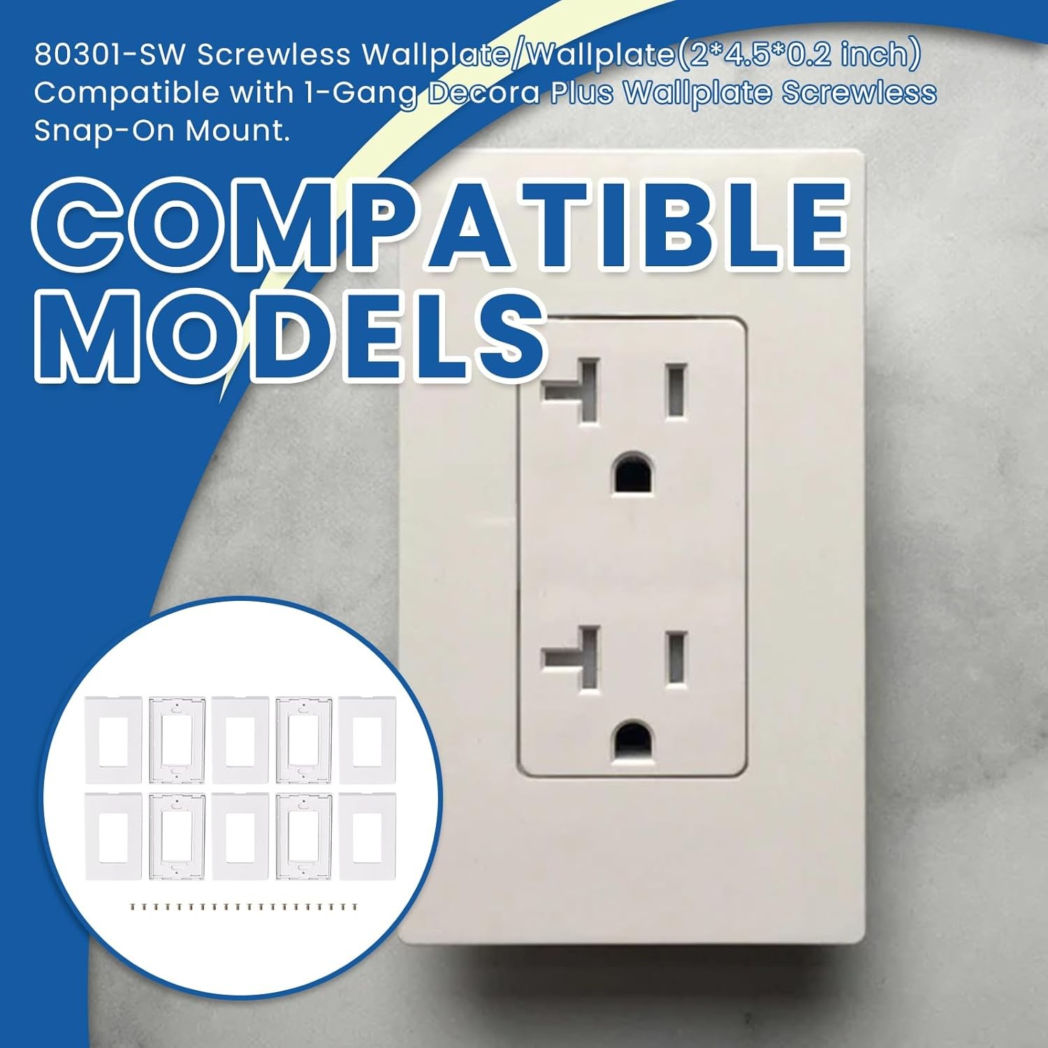 10Pc 80301-SW Screwless Wallplate For 1-Gang Decora Plus Screwless Snap-On Mount