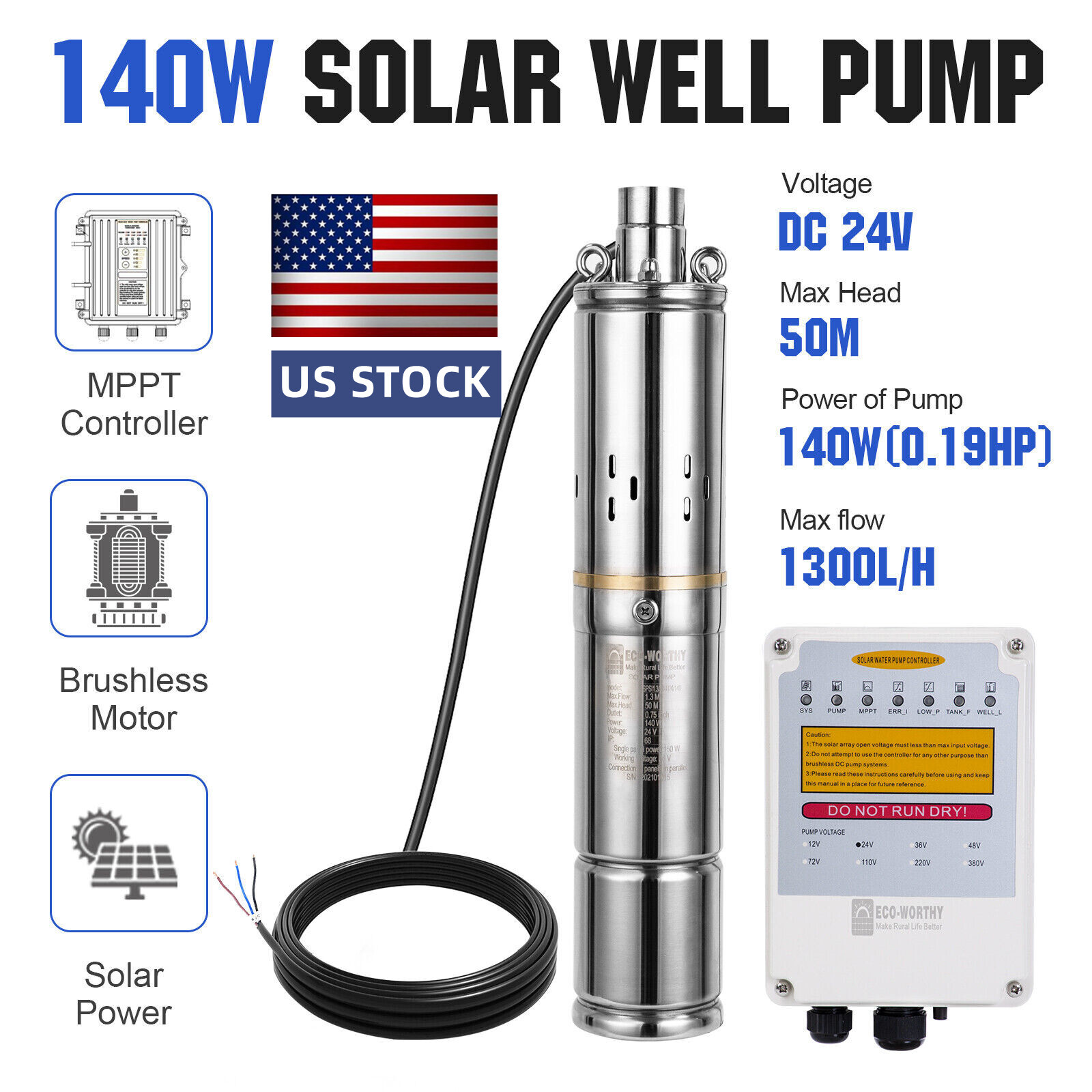3″ DC 24V Solar Water Pump Deep Well Pump Submersible Bore MPPT Controller Kit