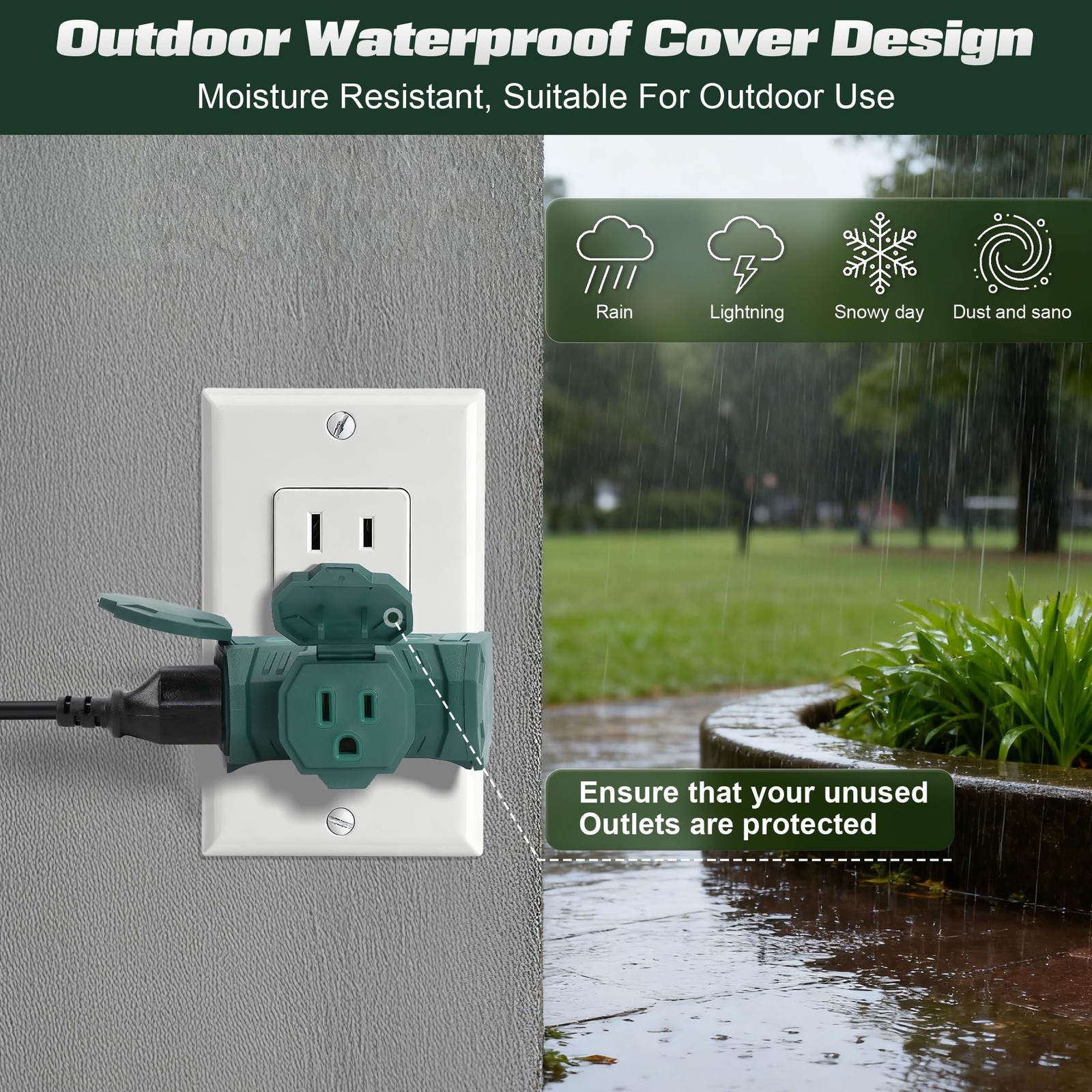 Lamroyce Liteshun-3WayPlug 3 Way Outlet Splitter 15A Weatherproof Green