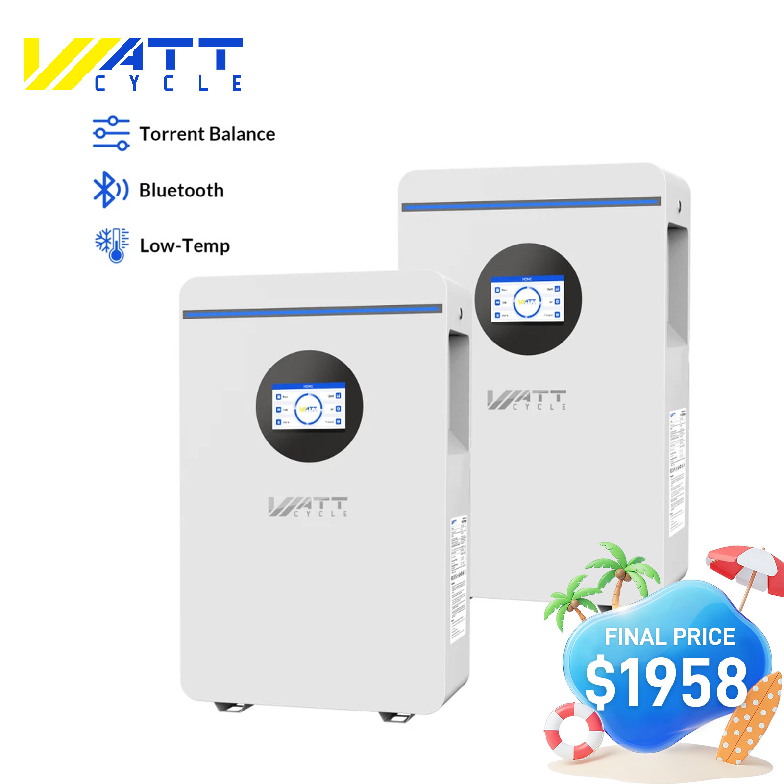 WattCycle 48V 100Ah 5.12kWh LiFePO4 Wall-Mounted Battery Active Balancing Solar