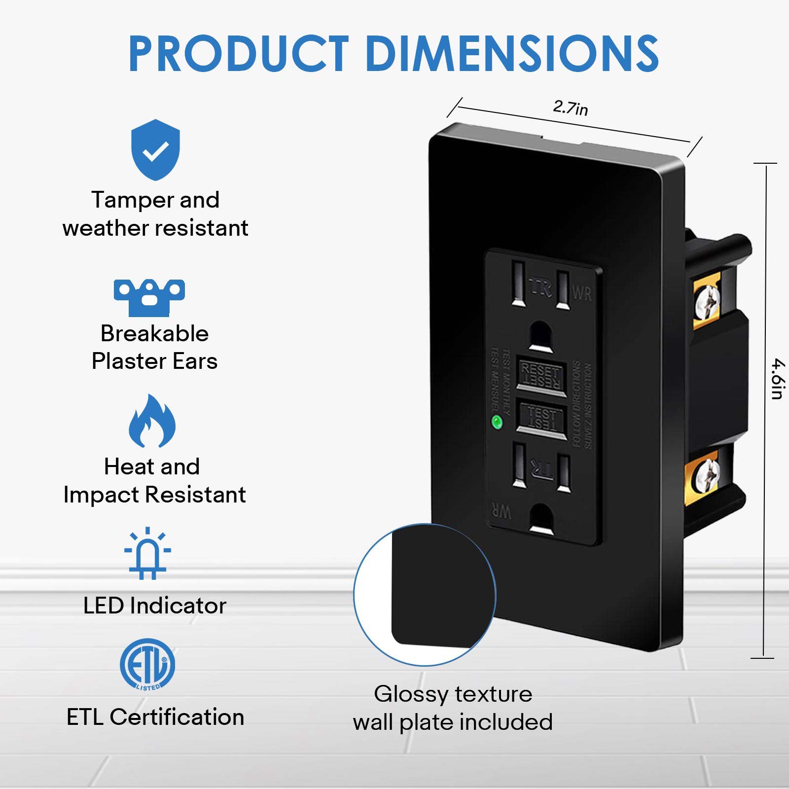 10PK 15A Black GFCI Outlet TR & WR Ground Fault Protector with LED Indicator