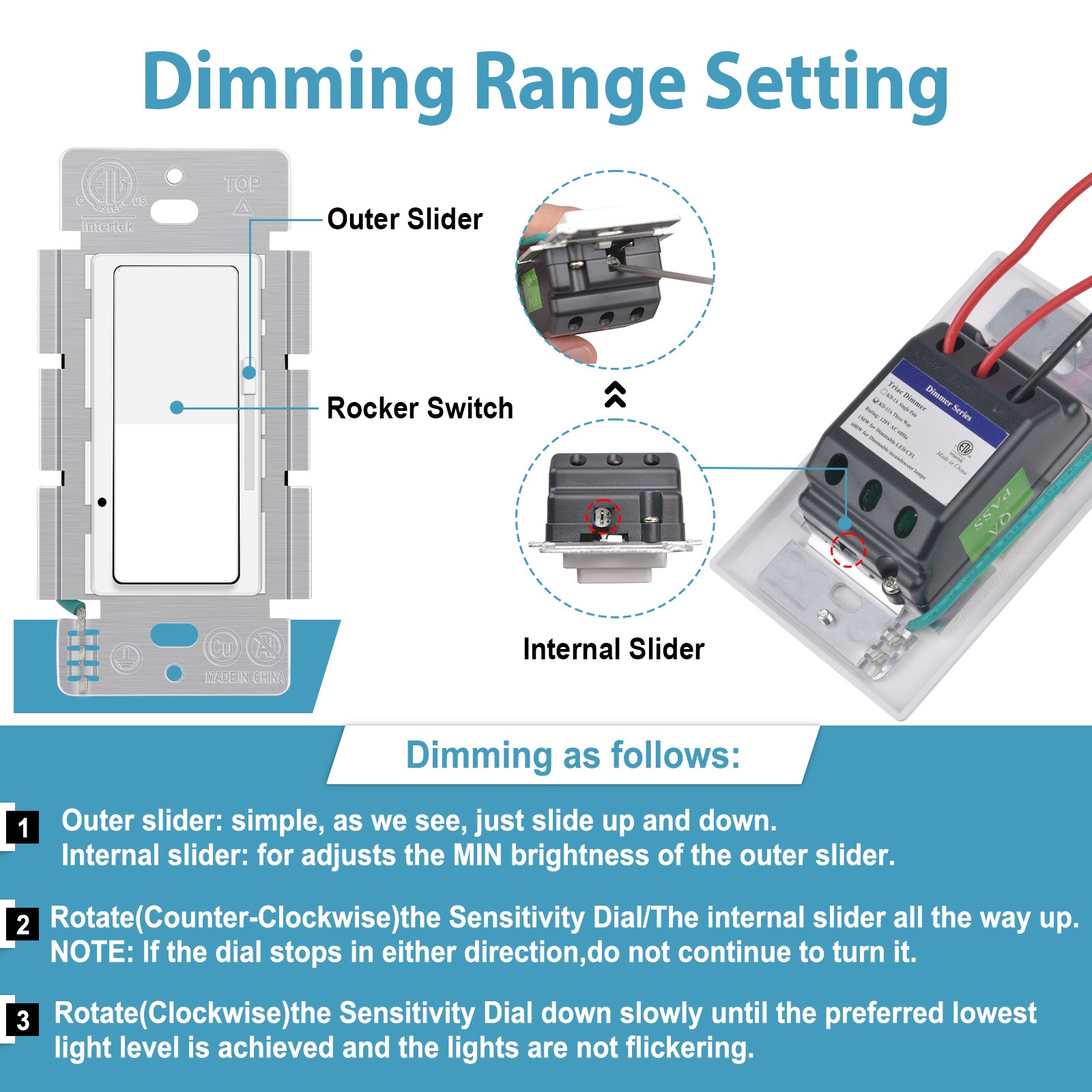 Slide Dimmer Switch for LED CFL Bulbs, 3-Way or Single Pole, No Neutral Wire 2PK