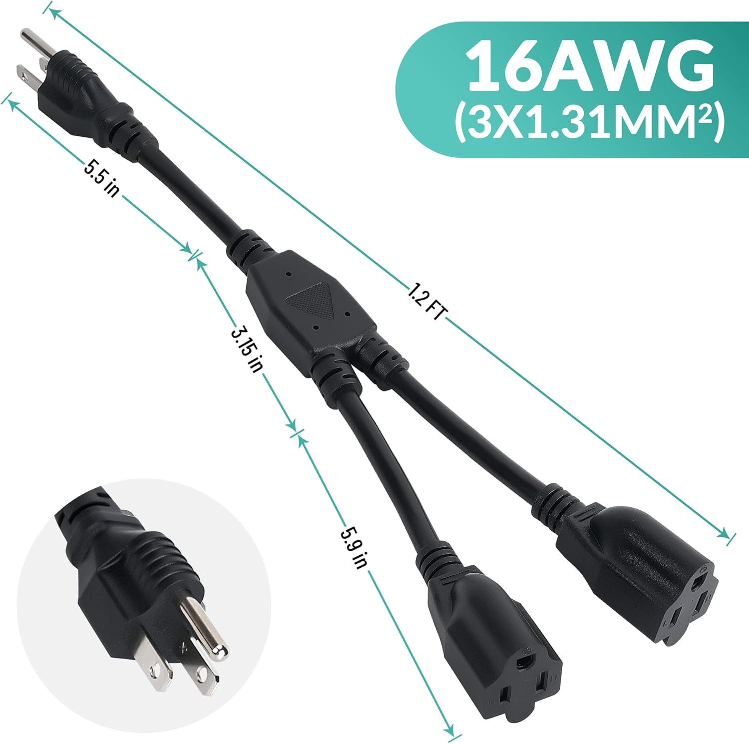 3-Prong Y Splitter Power Extension Cord 1 FT/2 Pack, Straight Plug 1 to 2 Way Ou