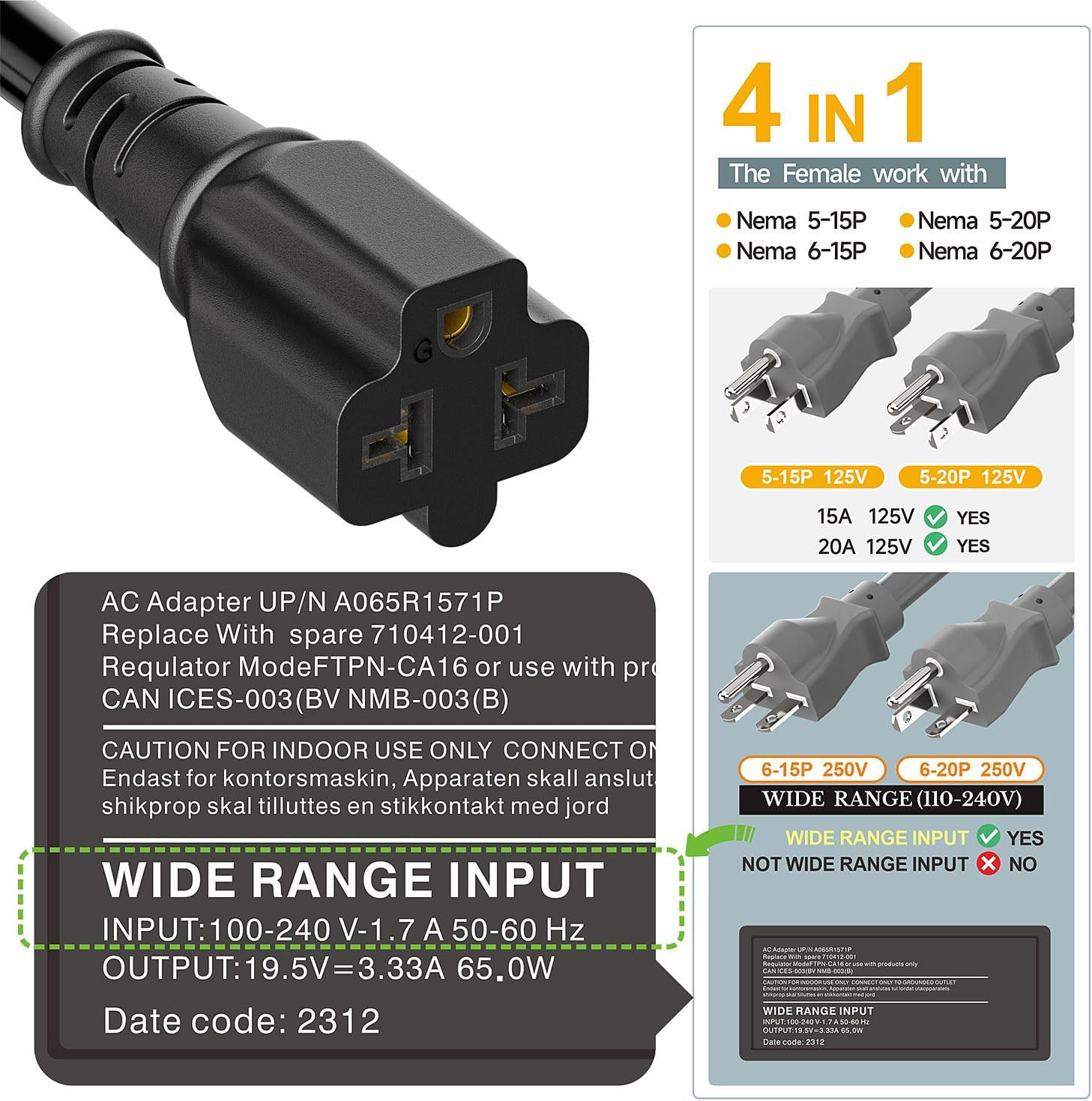 IFT Nema 5-15P Male to 5-20R,[4-In-1] 15 Amp Household AC Plug to 20 Amp T Blade