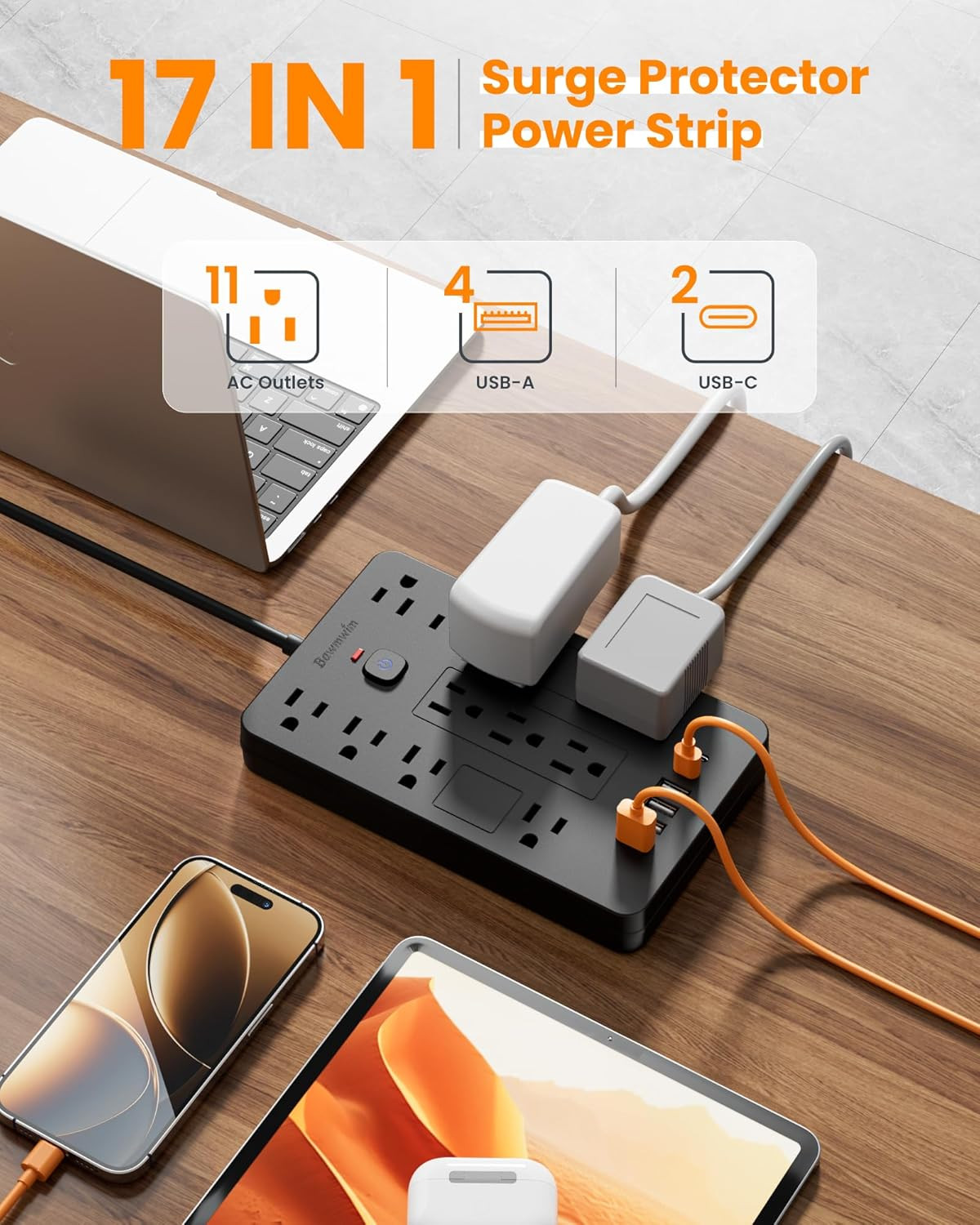 Surge Protector Power Strip – 11 Outlets(1850W/15A/14AWG) with 6 USB Ports(2 USB
