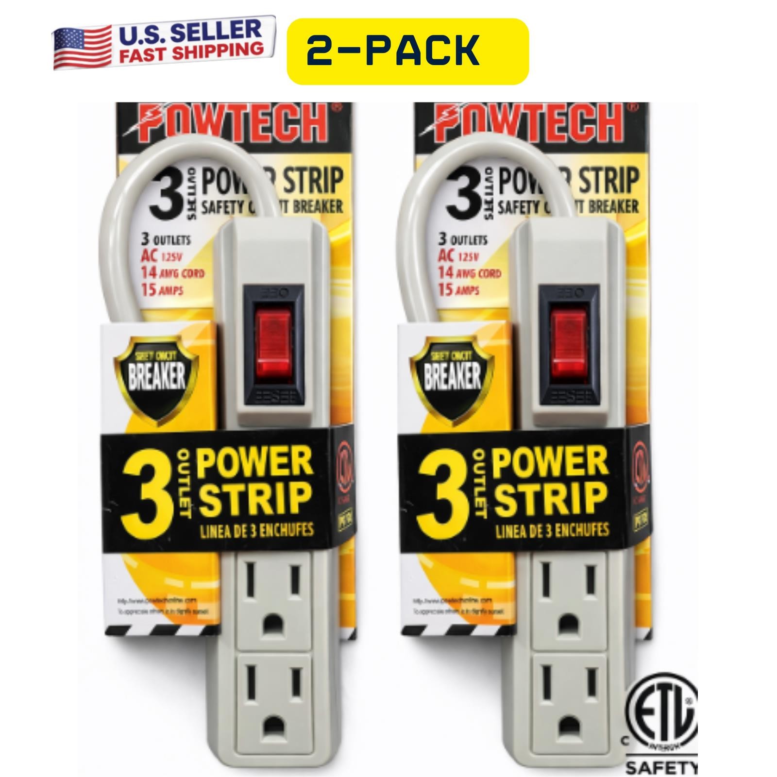2-Pack 3 Outlet Power Strip Surge Protector Flat Plug 5” Short Extension Cord