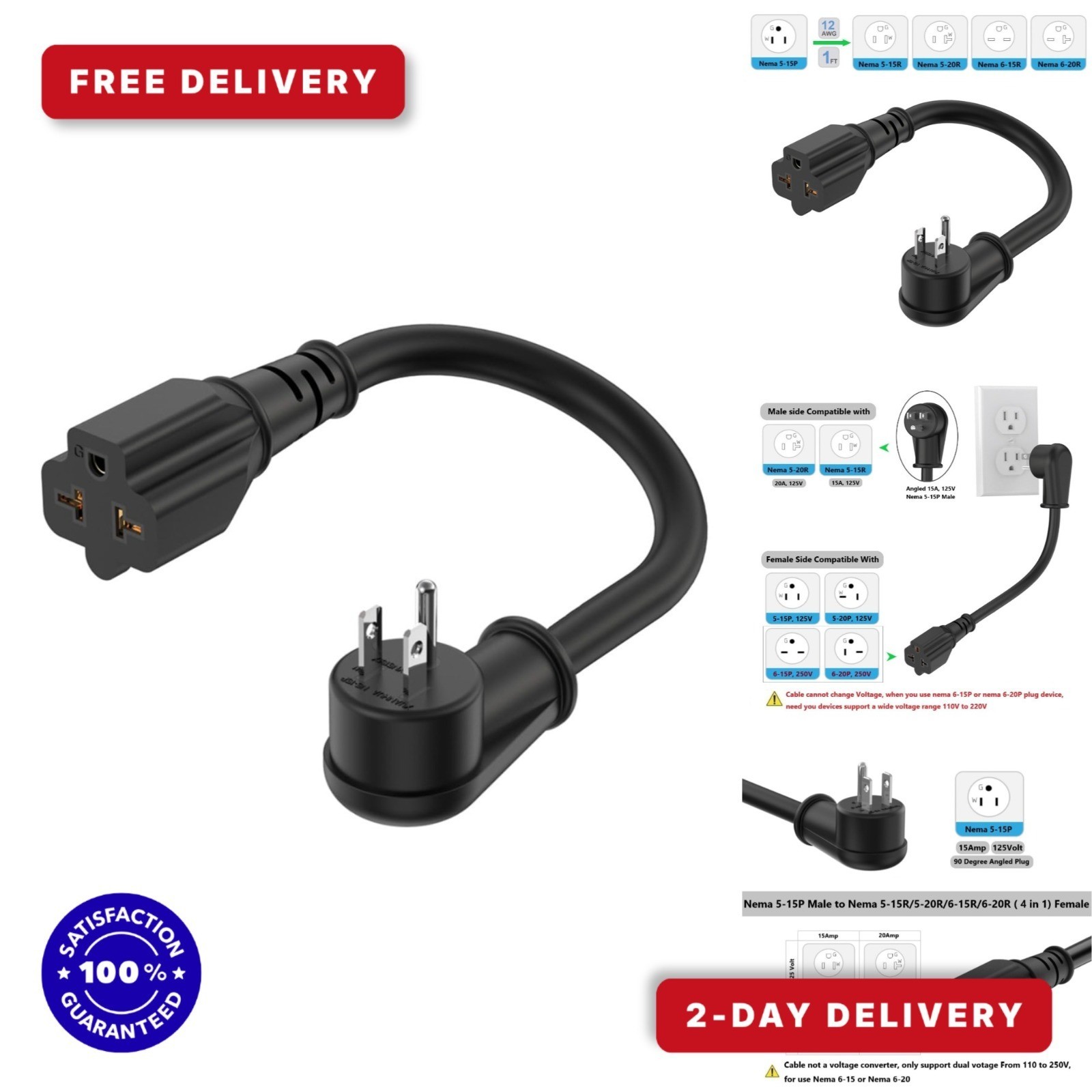 ADCAUDX 12AWG Right-Angle Plug Adapter 15A to 20A 1FT Heavy Duty