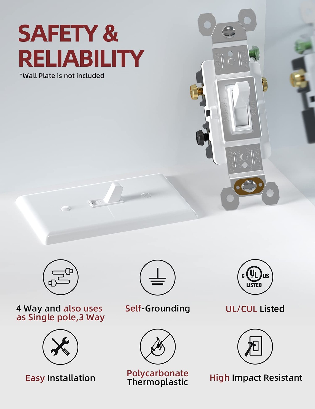 Aida 15 Amp Toggle Light Switch 4 Way Grounding Screw Residential Grade