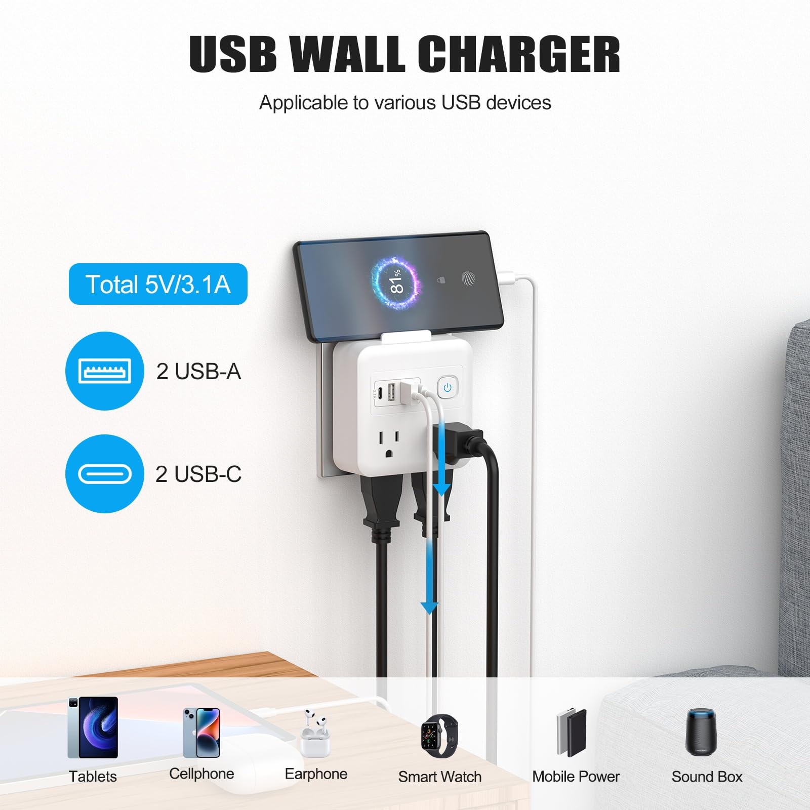 8-in-1 Multi Plug Expander, Outlet Extender with 4 Outlets & 4 USB Ports (2 U…