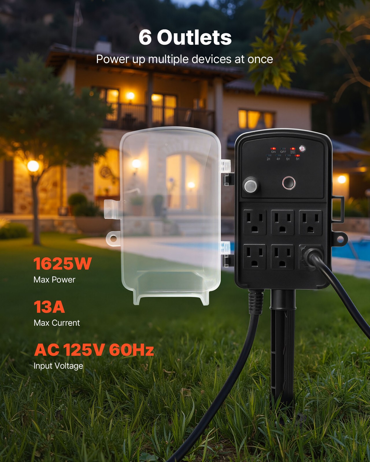 VEVOR Outdoor Power Stake Timer Waterproof Power Strip 6 Outlets 100FT Cord