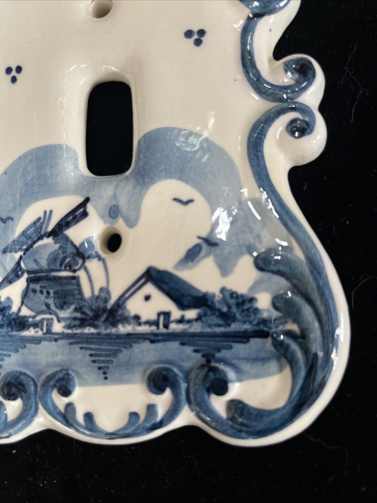 Handpainted Delft Blue Light Switch Plate Cover 6 x 4.25 Scalloped Edge Windmill
