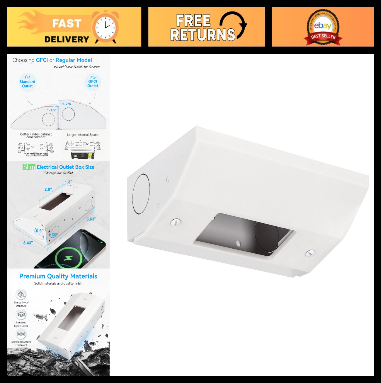 Under Cabinet Outlet Box – Easy Install, Knock-Out Holes, Hidden Outlets, Fits S