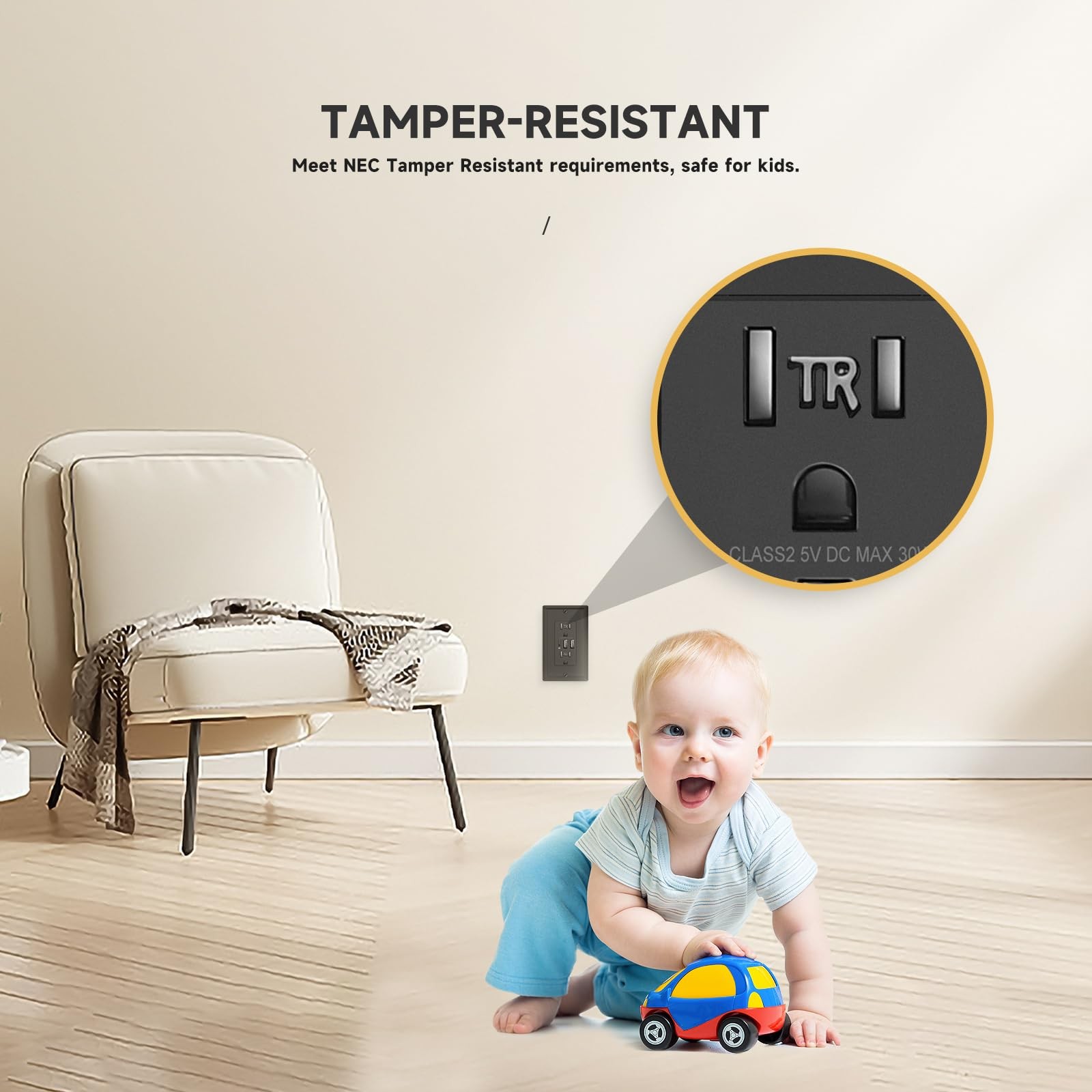 USB Outlet, 15 Amp TR Receptacle Plug with USB C Wall Charger, 30W 6.0A Charging