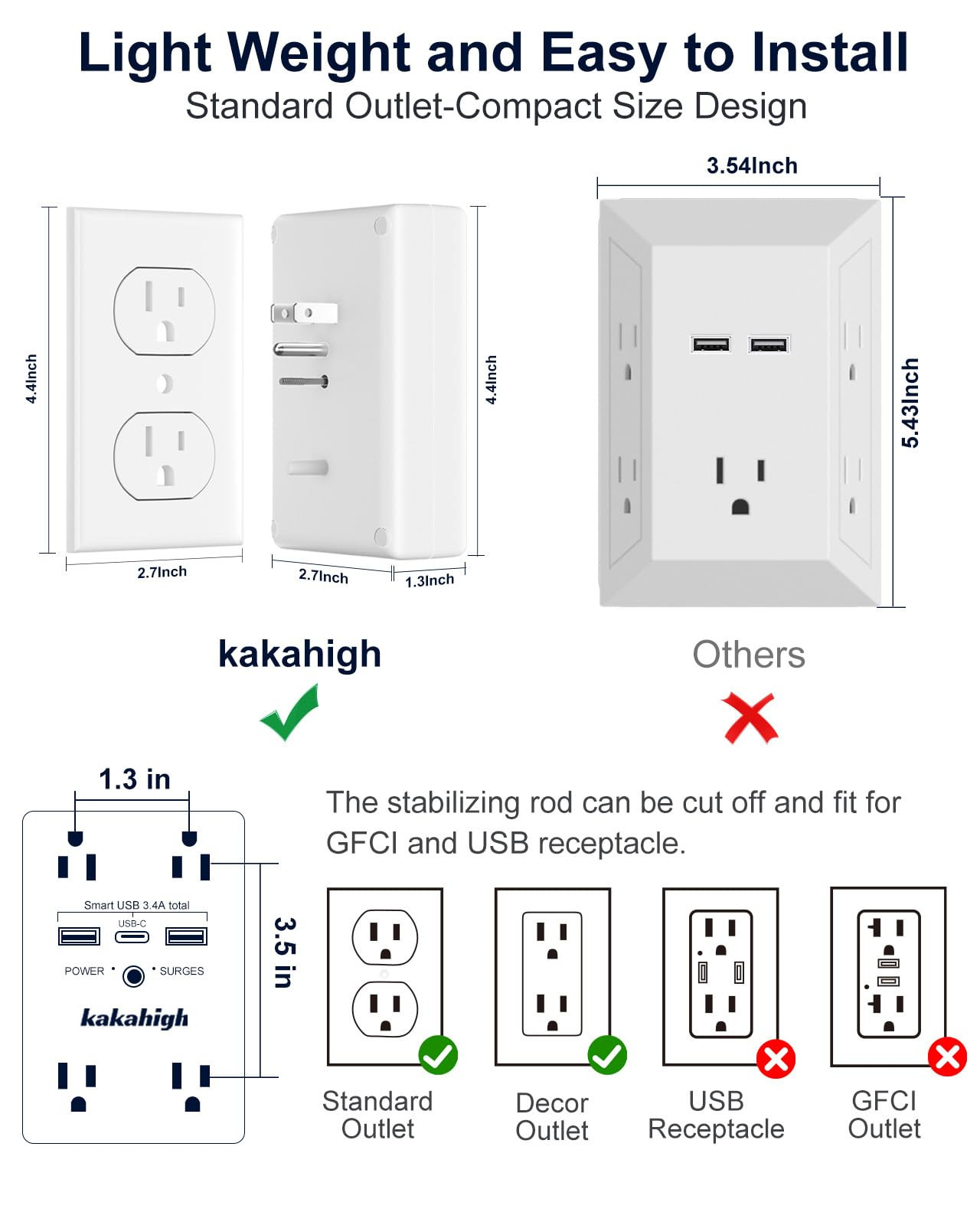Wall Outlet Extender with Screw 8 Way Outlets with 1680J Surge Protected Mult
