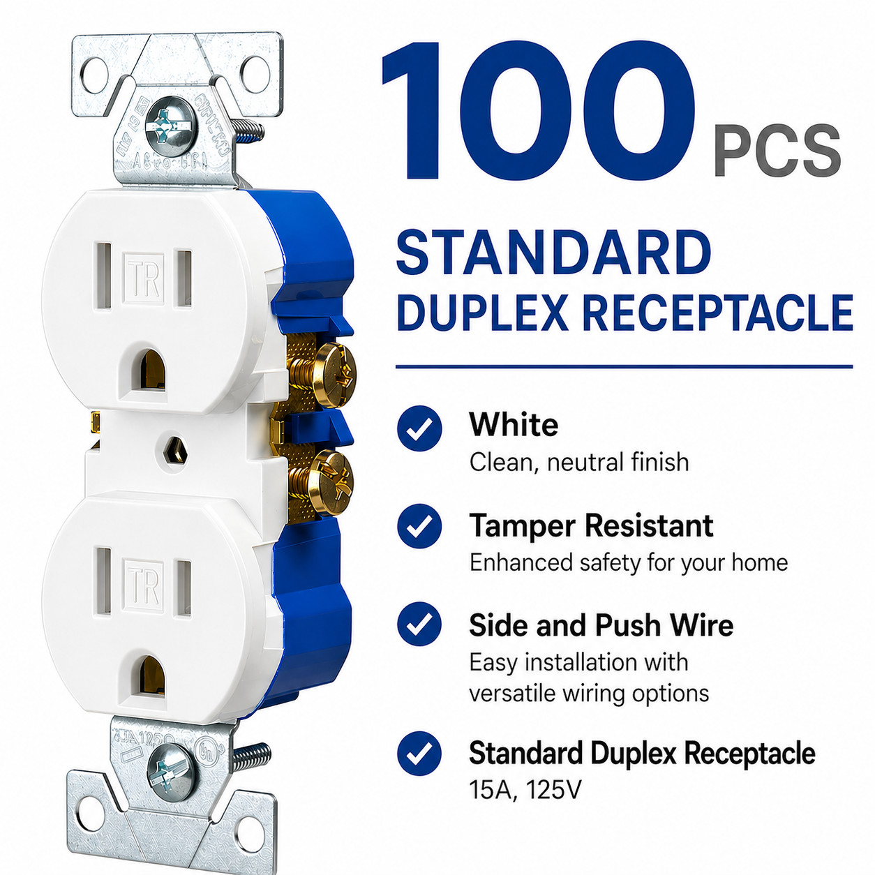 100 Pack, WHITE Eaton TR270W 15A Tamper-Resistant Standard Duplex Receptacles