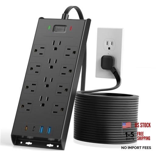 Surge Protector Power Strip 4800J, 10Ft Long Extension Cord 10FT 12AC+4USB