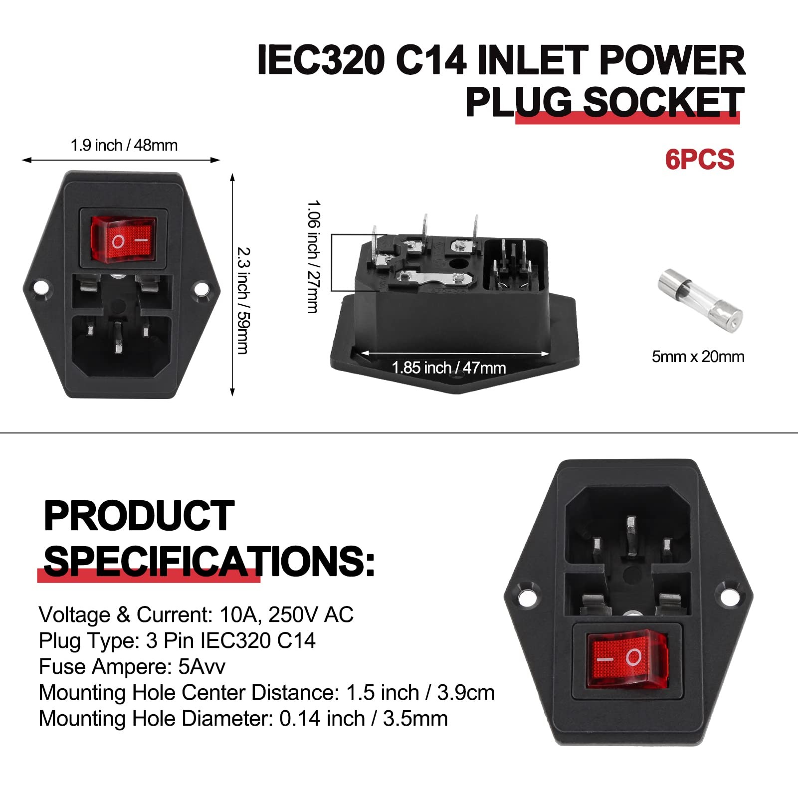 6PCS IEC320 C14 Inlet Power Plug Socket, 250V 10A AC Rocker Switch 3 Pin Sock…