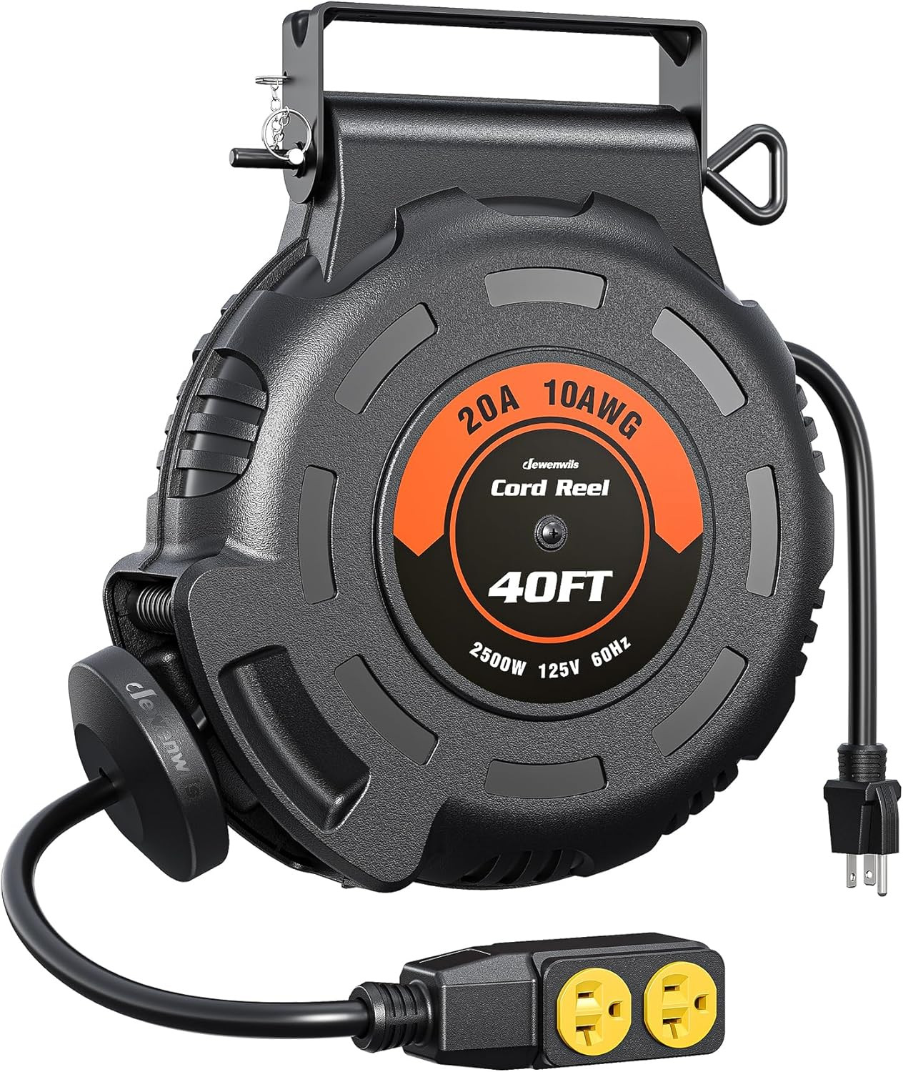 Retractable Extension Cord Reel, 40FT 10AWG/3C SJTW Heavy Duty Power Cord, 4 Gro