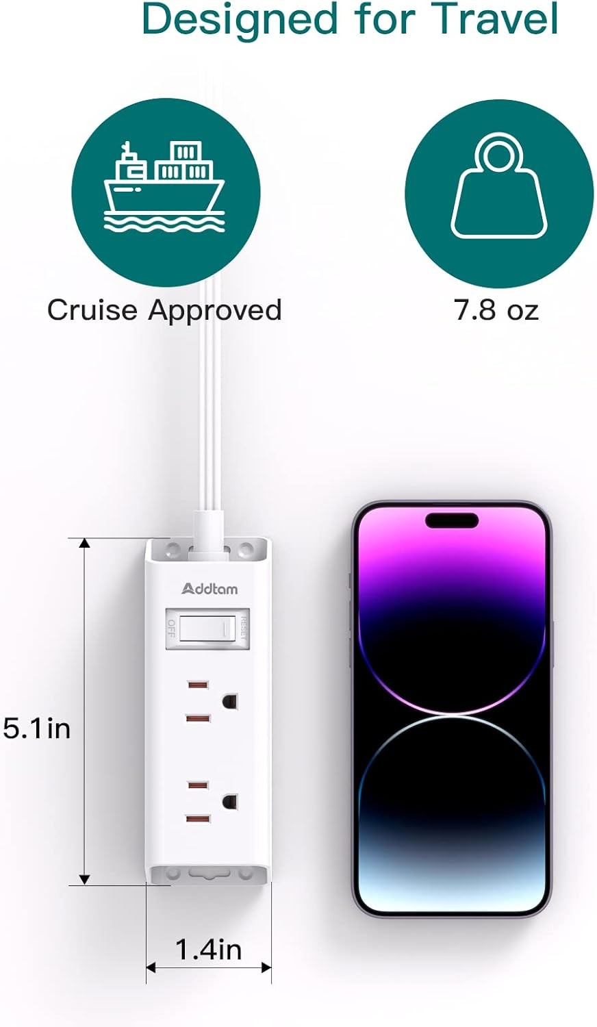 Cruise Essentials Flat Plug Power Strip – 5ft Cord with 6 Outlets for Travel