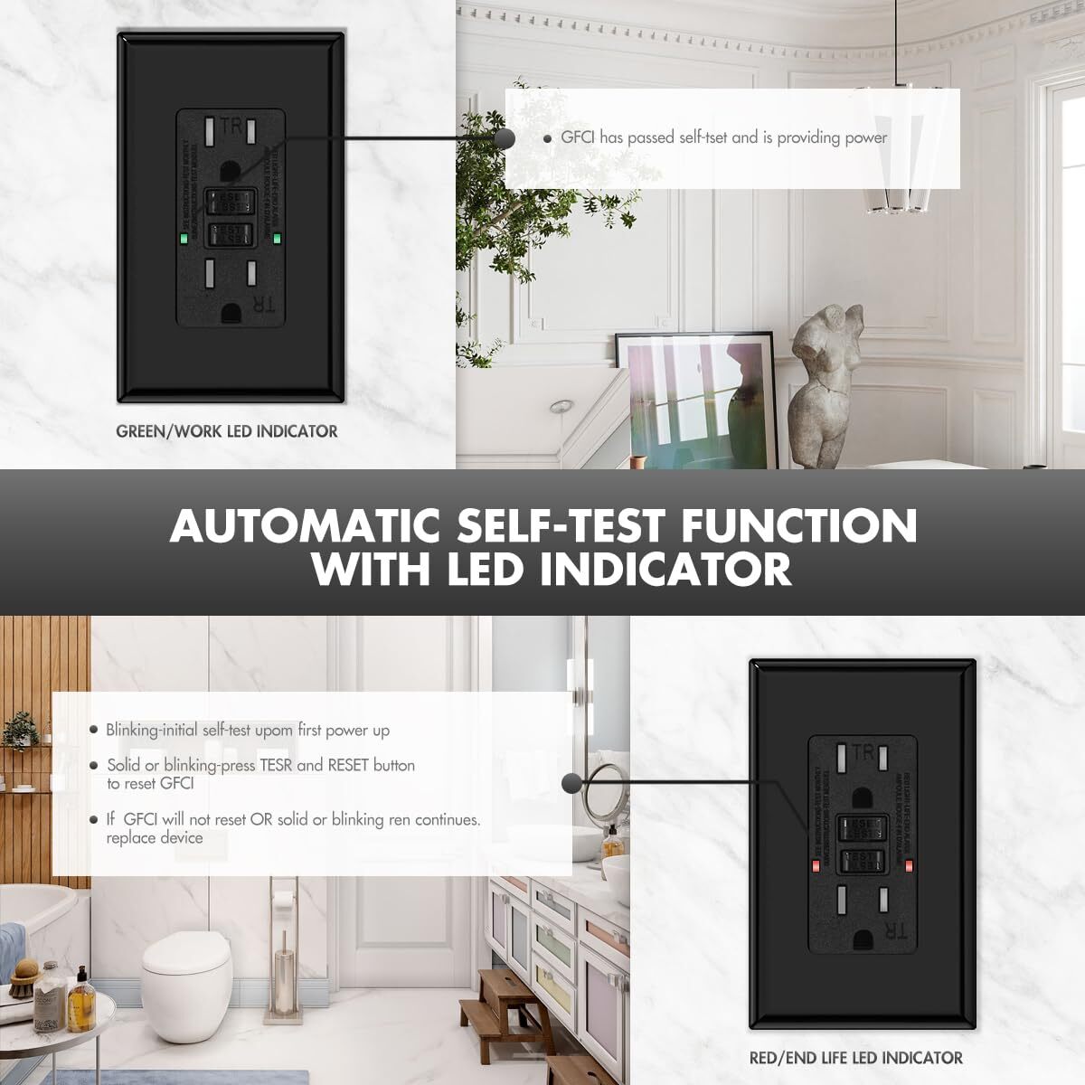 Black GFCI Outlet , TR Receptacle 15A Self-Testing Tamper Resistant ETL listed