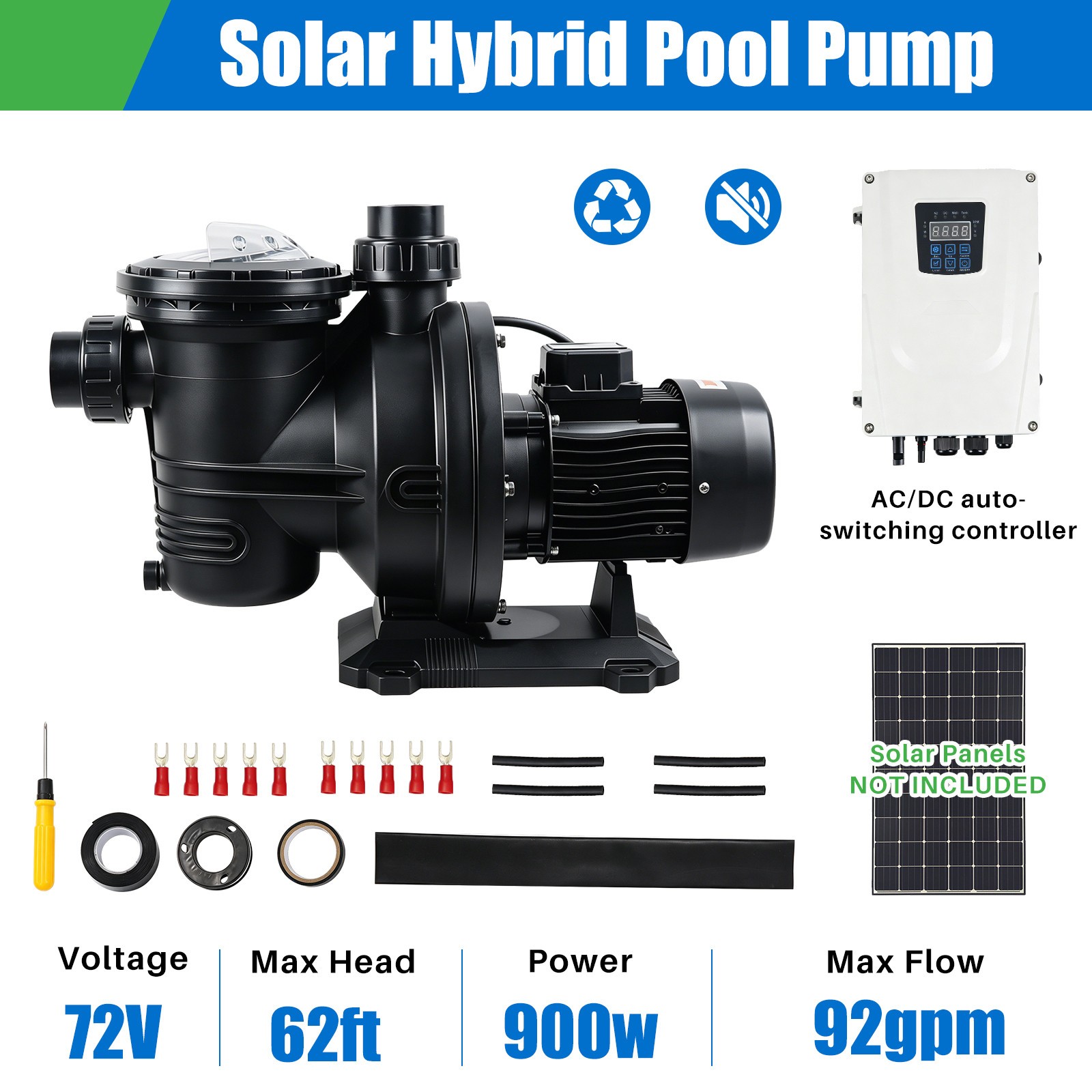 900W Solar Hybrid Swimming Pool Pump Kits with AC/DC Auto-switching Controller