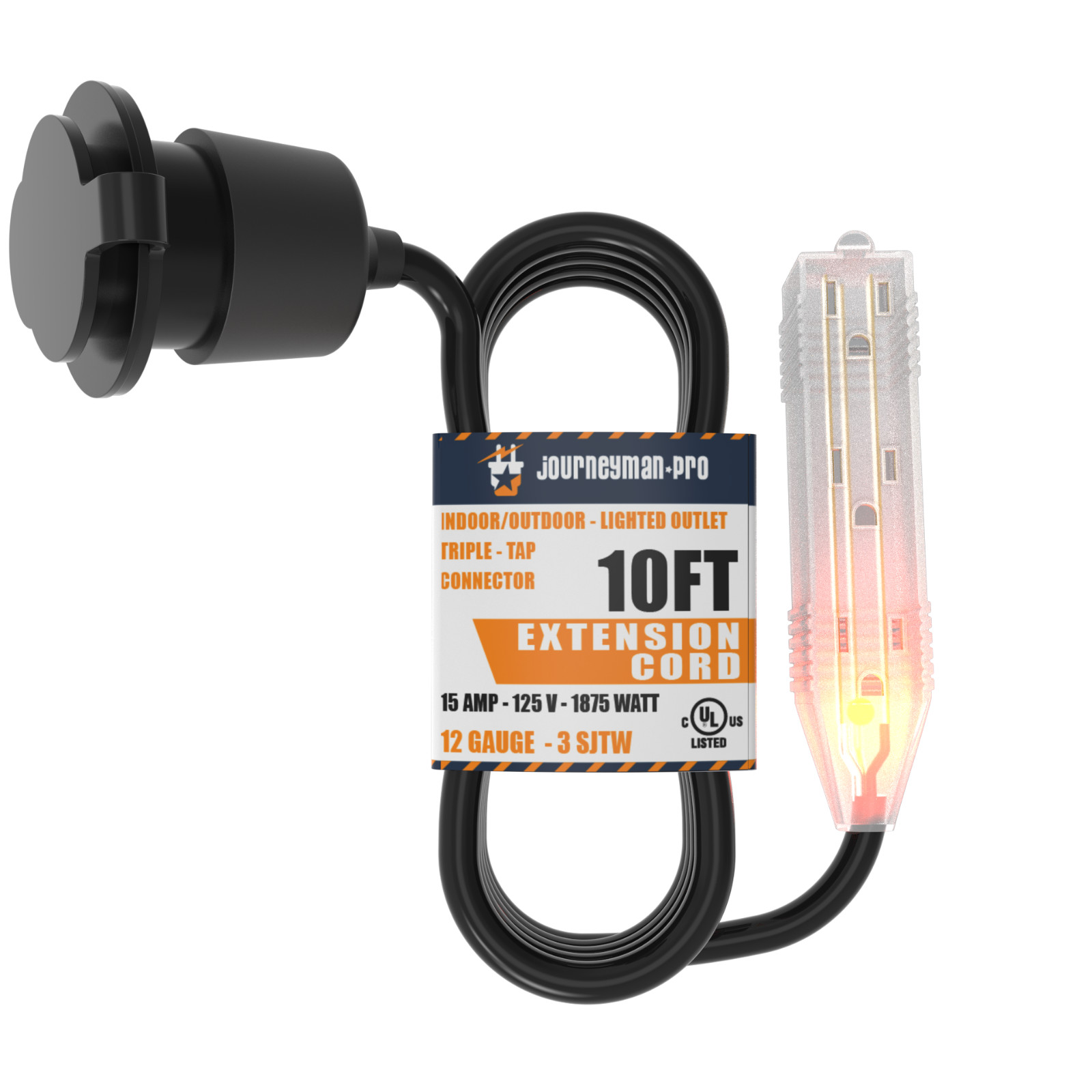10 Foot 3-way multi outlet 15A Flanged Inlet Port Extension Cord Plug Black GCP1