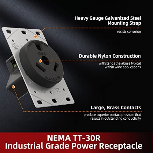 30 Amp 125 Volts 3 Prong Grounded Flush Mount Power RV NEMA TT-30R Black Outlet