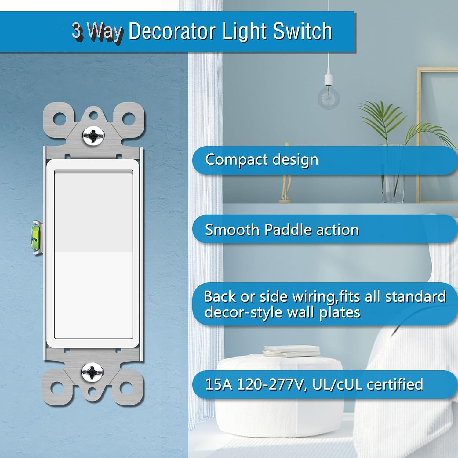 3 Way Switch White, 4 Pack Three Way/Single Pole Light Switch Rocker Switches 1