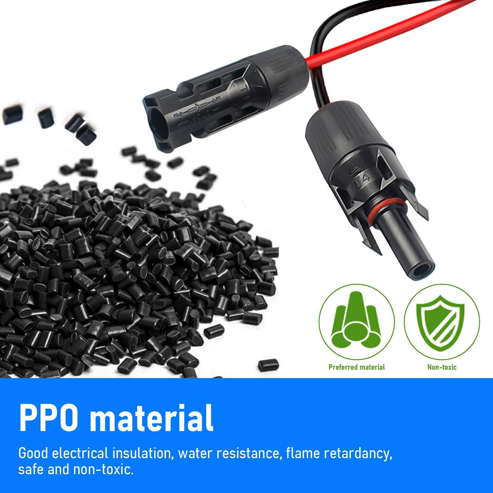 Black+Red 10 AWG Solar Panel Extension Cable Silicone Flexible Wire Connectors