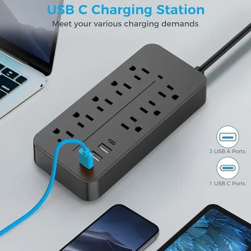 US Power Strip Surge Protector 8 AC Outlets 3 USB Ports + Type C Port 4 FT Cable