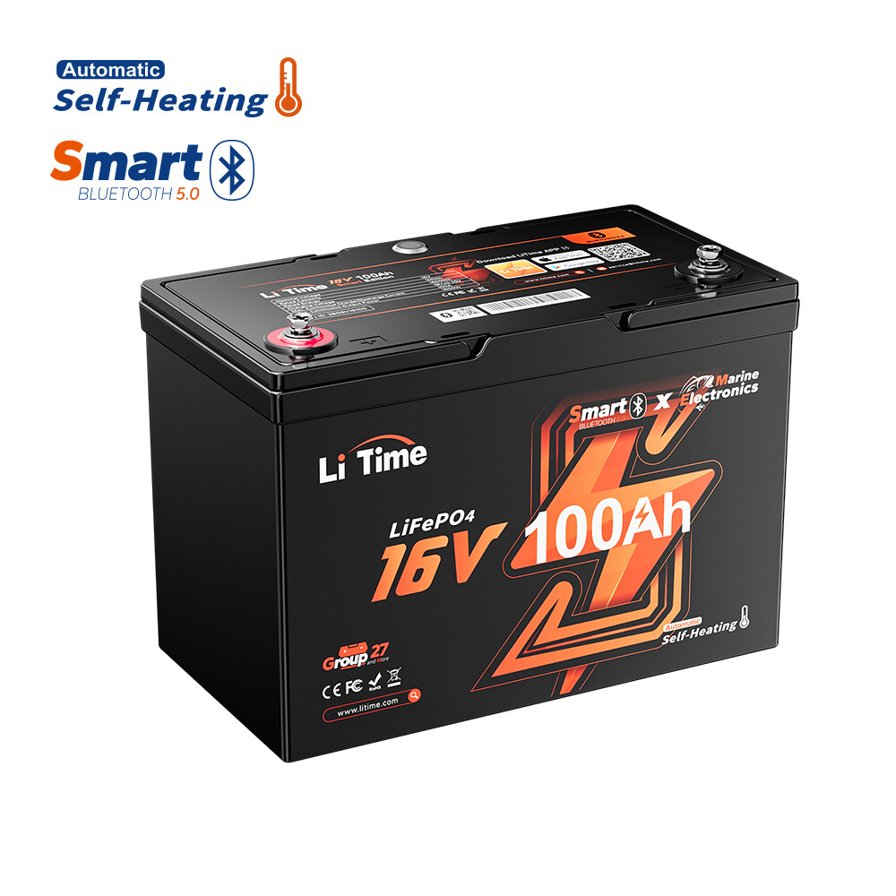LiTime 16V 100Ah Fish Finder Lithium Battery 1600Wh with Bluetooth, Self-heating