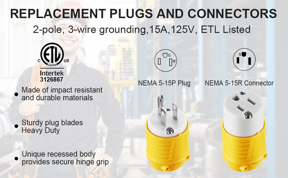 15Amp 125V Extension Cord Ends Male Female 5-15P/R Plug & Connector 3-Prong ETL