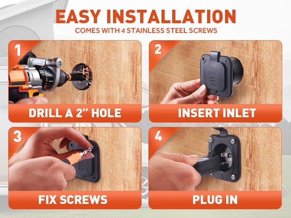 15 Amp AC Port Plug, 125V Power Inlet Socket Integrated Dual 18″ Extension Cord