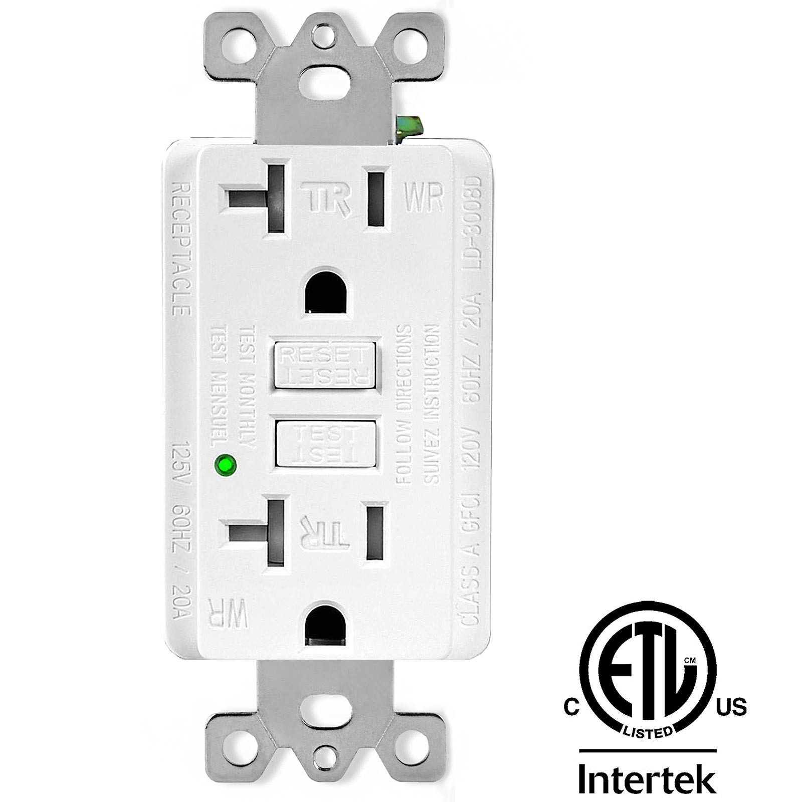 GFI Receptacle GFCI Outlet 20 Amp Tamper-Resistant LED Indicator with Plate ETL