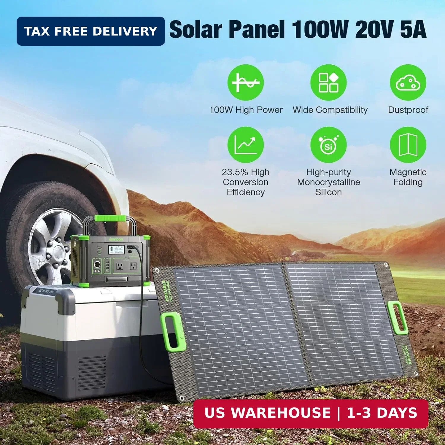100W Portable Solar Panel for Power Station Generator, 20V Foldable Solar Cell S