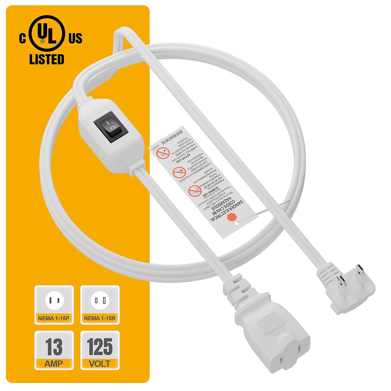 6FT On Off Switch Extension Cord, Plugrand Angled 2Prong Polarized Cord