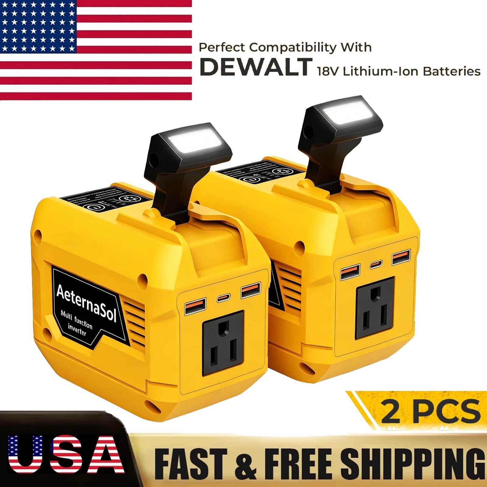 AeternaSol 2-Pack 250W Power Inverter for DeWalt Battery Outlet 3 USB PD Camping