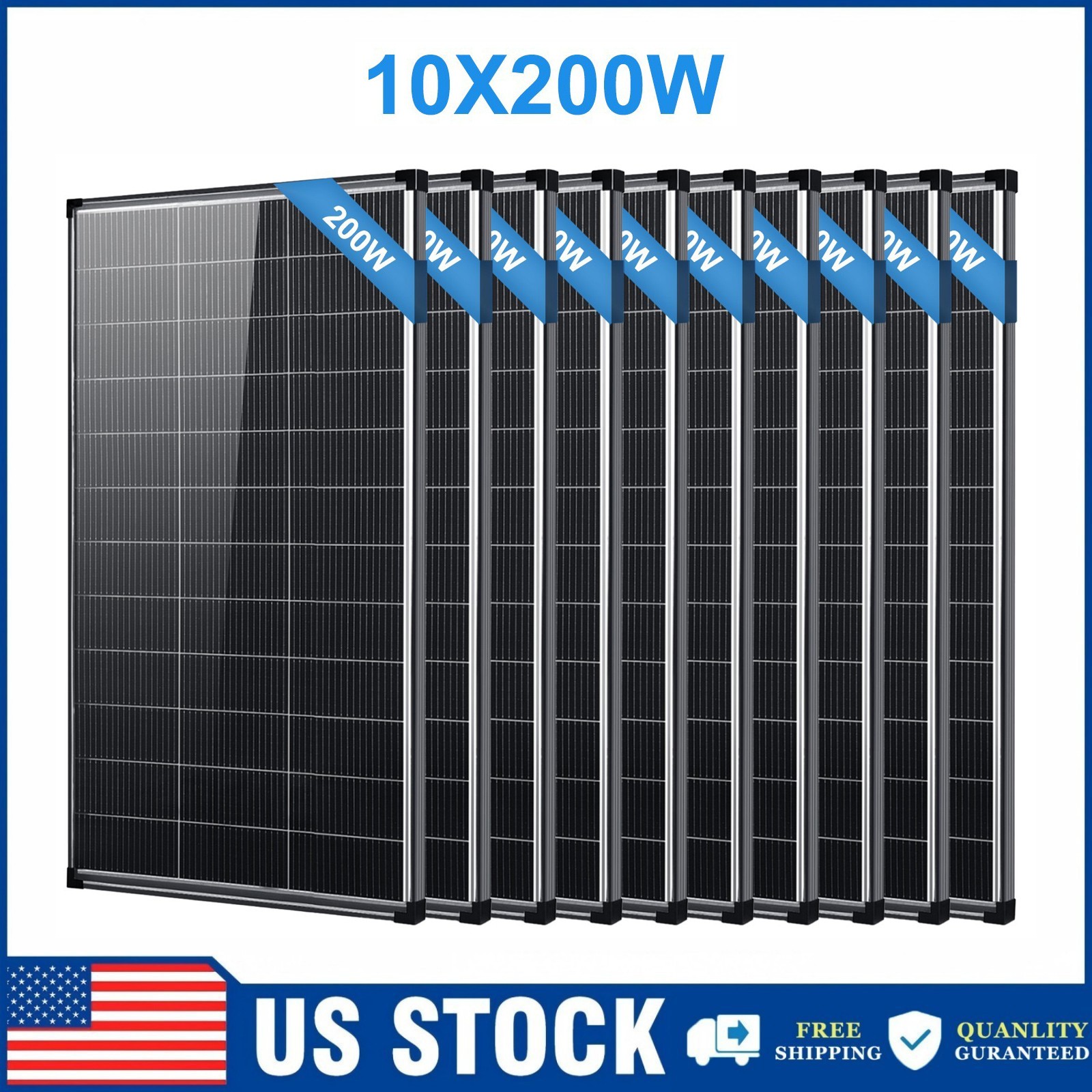 10Pack 200W N-Type Bifacial 18BB Solar Panel Mono Cell Off Grid Roof RV Home