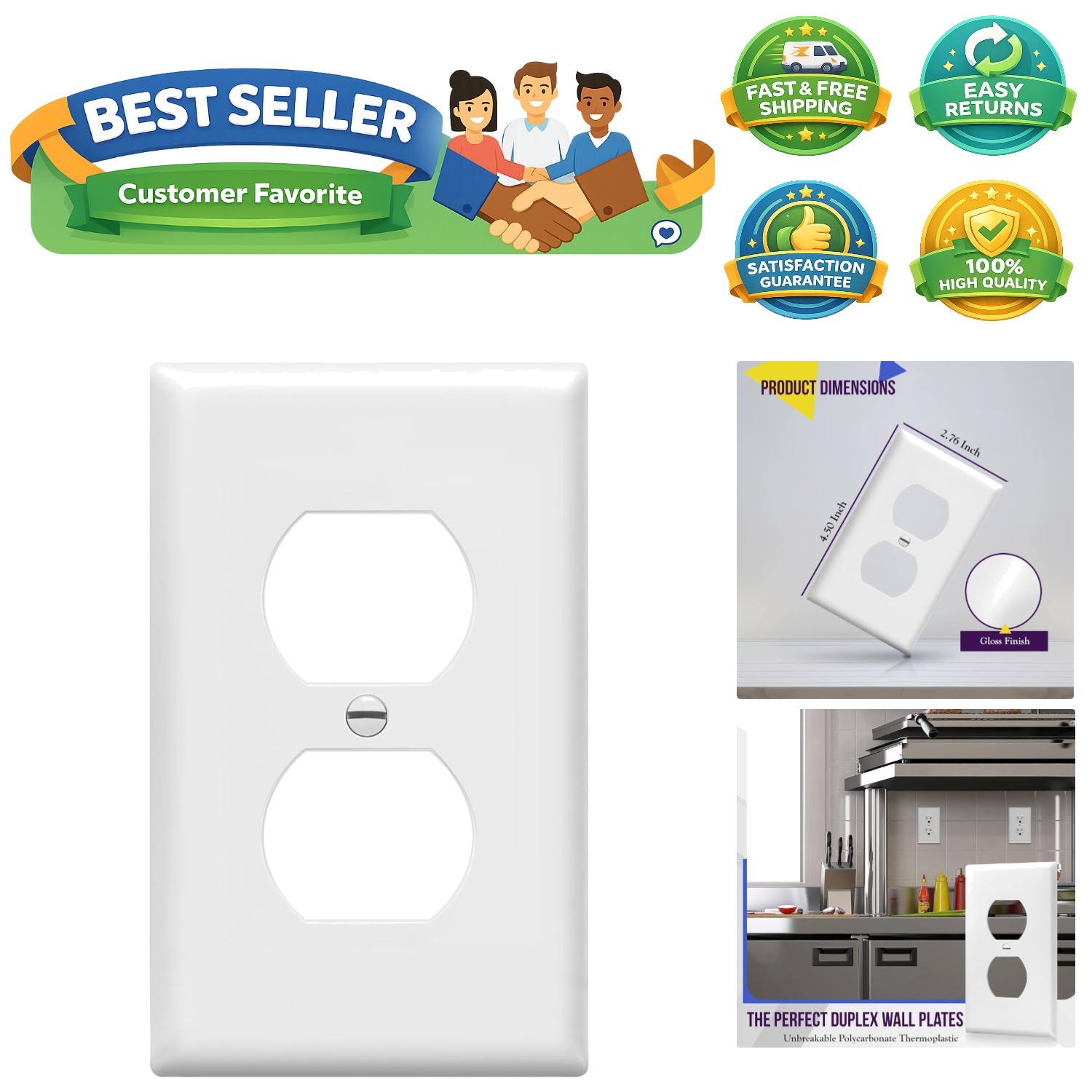 8821-W Duplex Receptacle Outlet Wall Plate, Standard Size 1-Gang, Polycarbona…