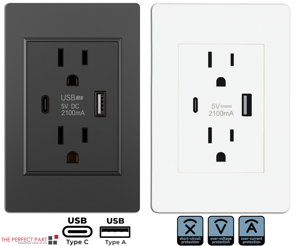Dual Wall Outlet with USB Ports Charger AC Power Receptacle Plate Panel 15A 120V