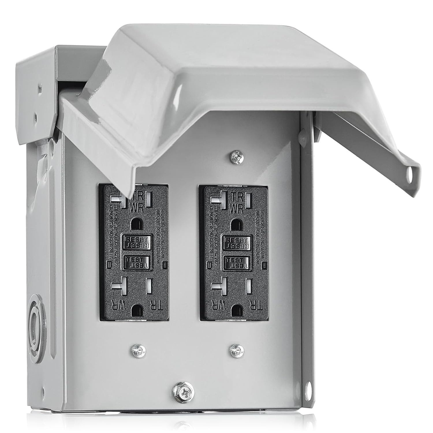 Outdoor Electrical Outlet Box, Dual 20 AMP WRTR GFCI Receptacles, Rainproof 3R
