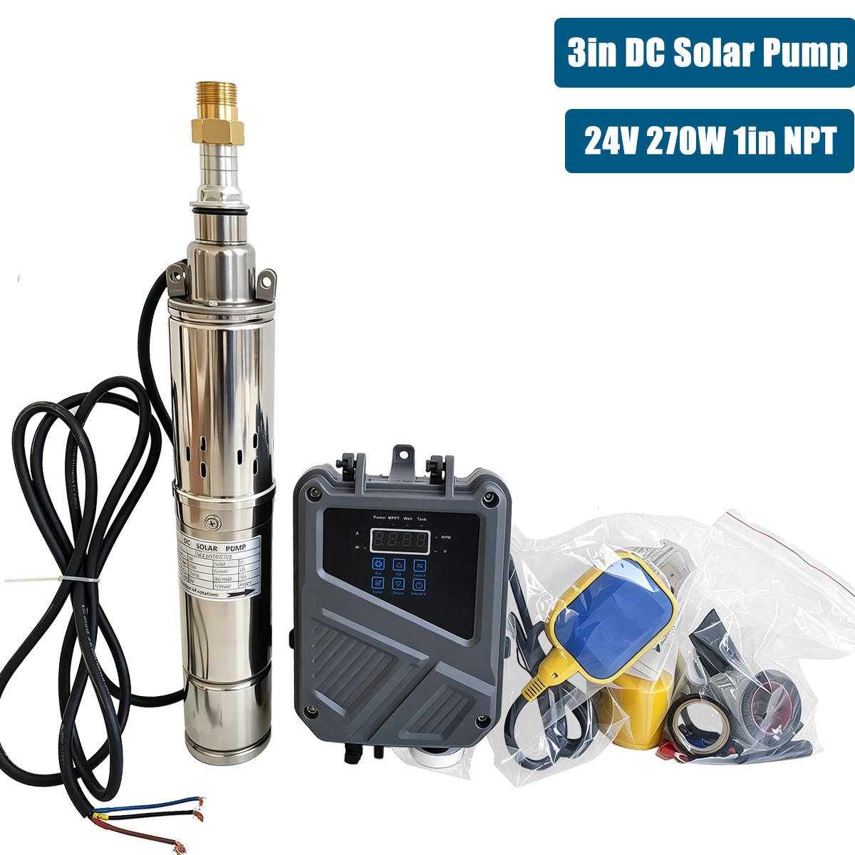 270W 3″ Solar Pump Submersible Pump Bore DC 24V Deep Well Pump + MPPT Controller