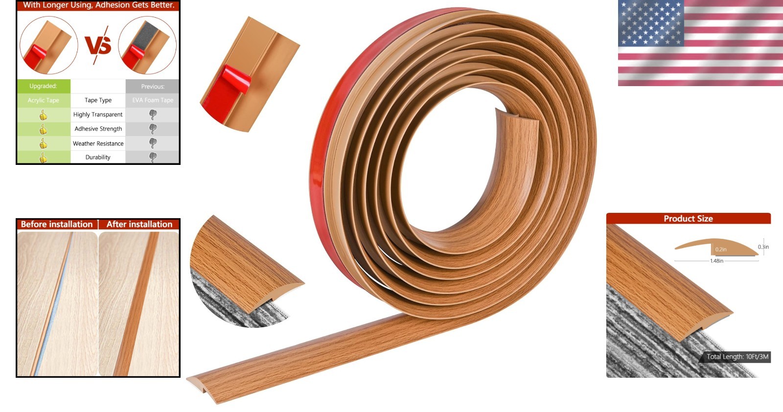 Floor Transition Strip Carpet to Tile Self Adhesive PVC Threshold Light Brown