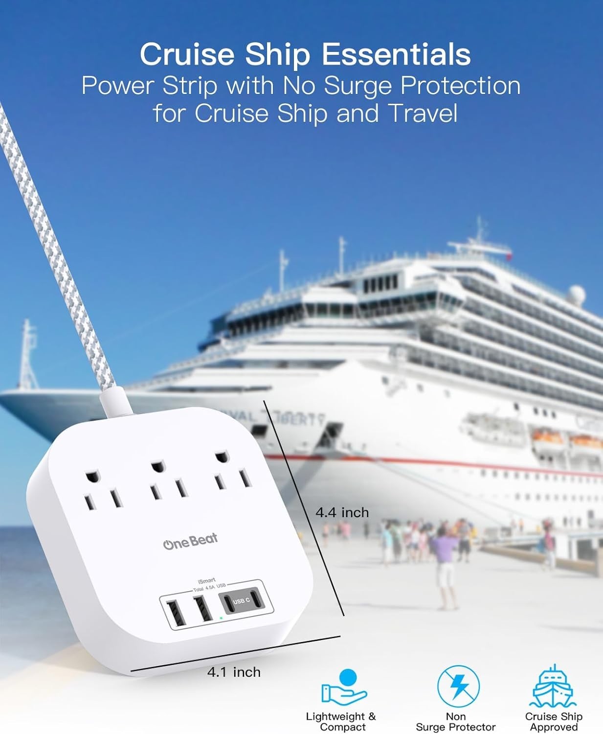 Compact USB Charging Station: 3 AC Outlets & 4 USB Ports, 22.5W Power
