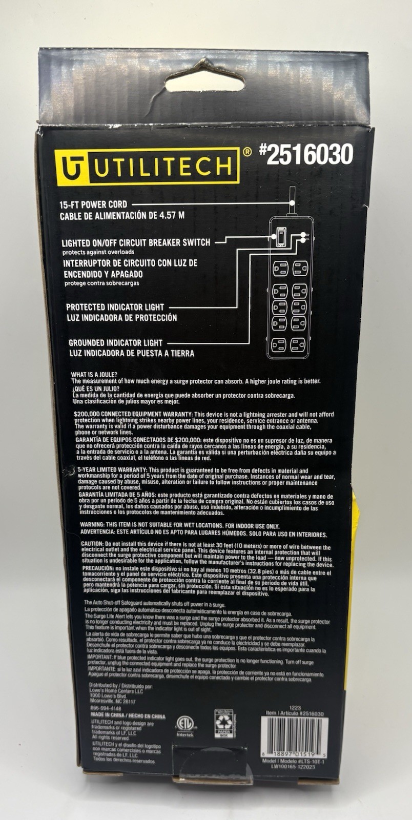 Utilitech 10 Outlet Metal Surge Protector Power Strip 1500 Joules w/ 15FT Cord