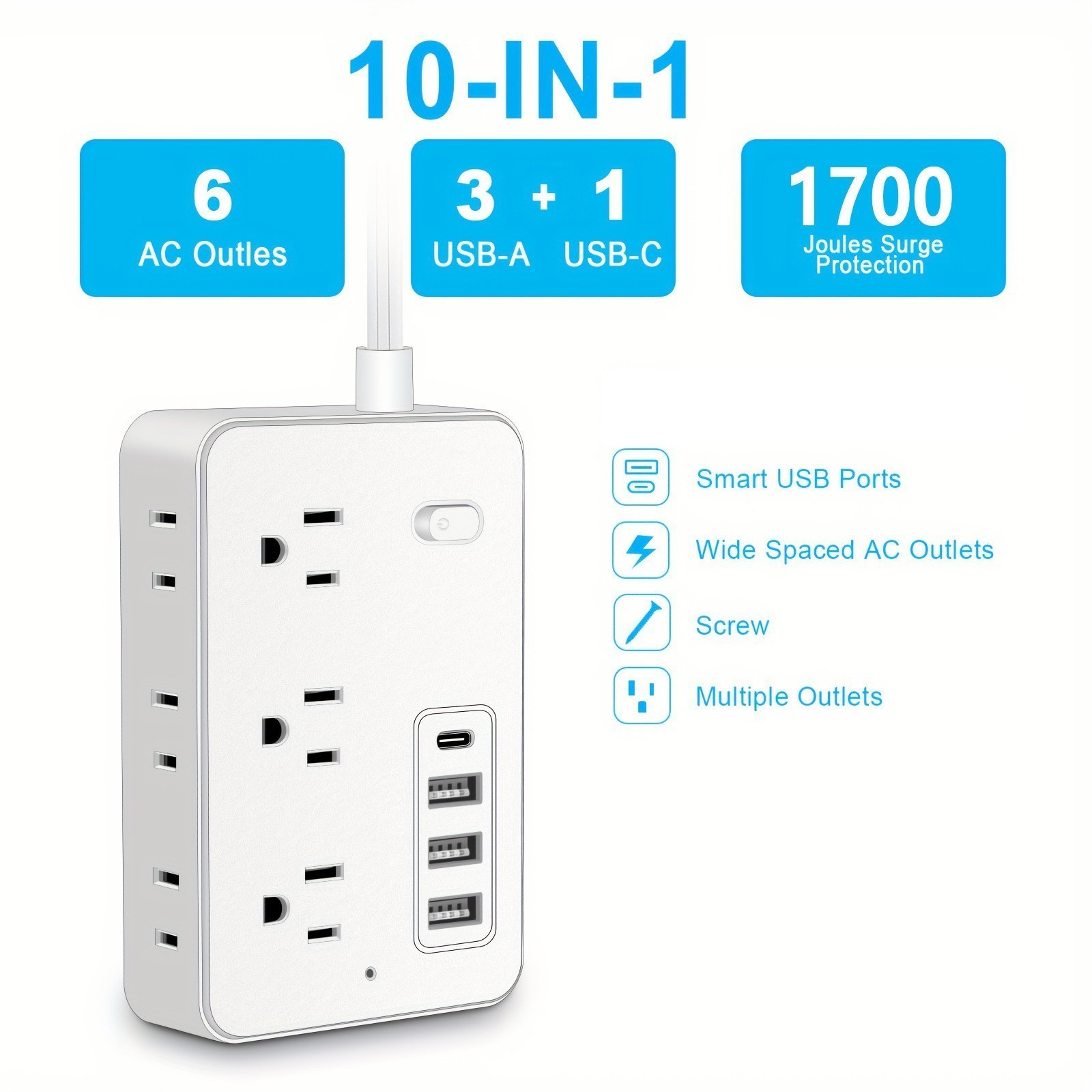 Wall Mountable USB Surge Protector Power Strip with USB Ports 6/8 Outlet Plugs